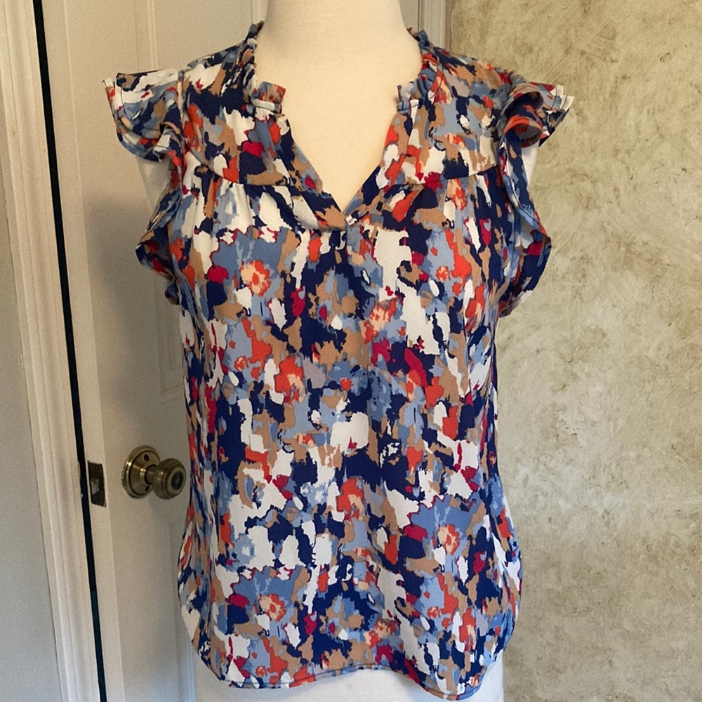 Abstract Floral Ruffle Sleeve Women’s Top in Blue Multi